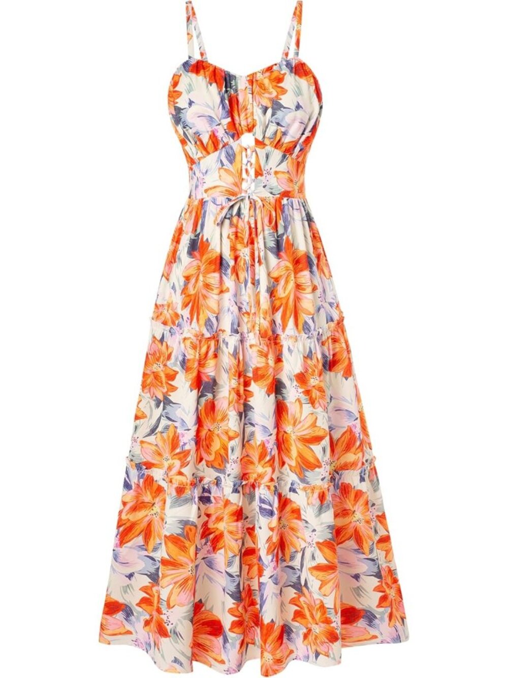 Women's Orange Yellow Boho Floral Maxi Sundress Summer Beach Flowy Dress